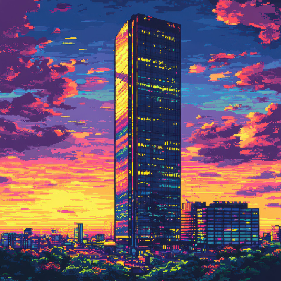 A sleek, glass tower reflecting the golden rays of sunrise, standing tall against the horizon, retro pixel art style adds a touch of modern elegance, pixel art, pixel art maker