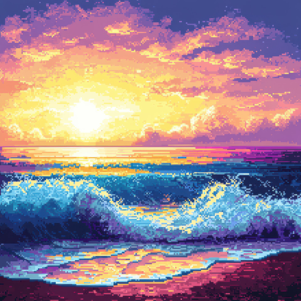 Waves gently lapping at the shore beneath a golden sky, creating a peaceful beach scene, retro pixel art style adds serenity to the natural beauty, pixel art, pixel drawing