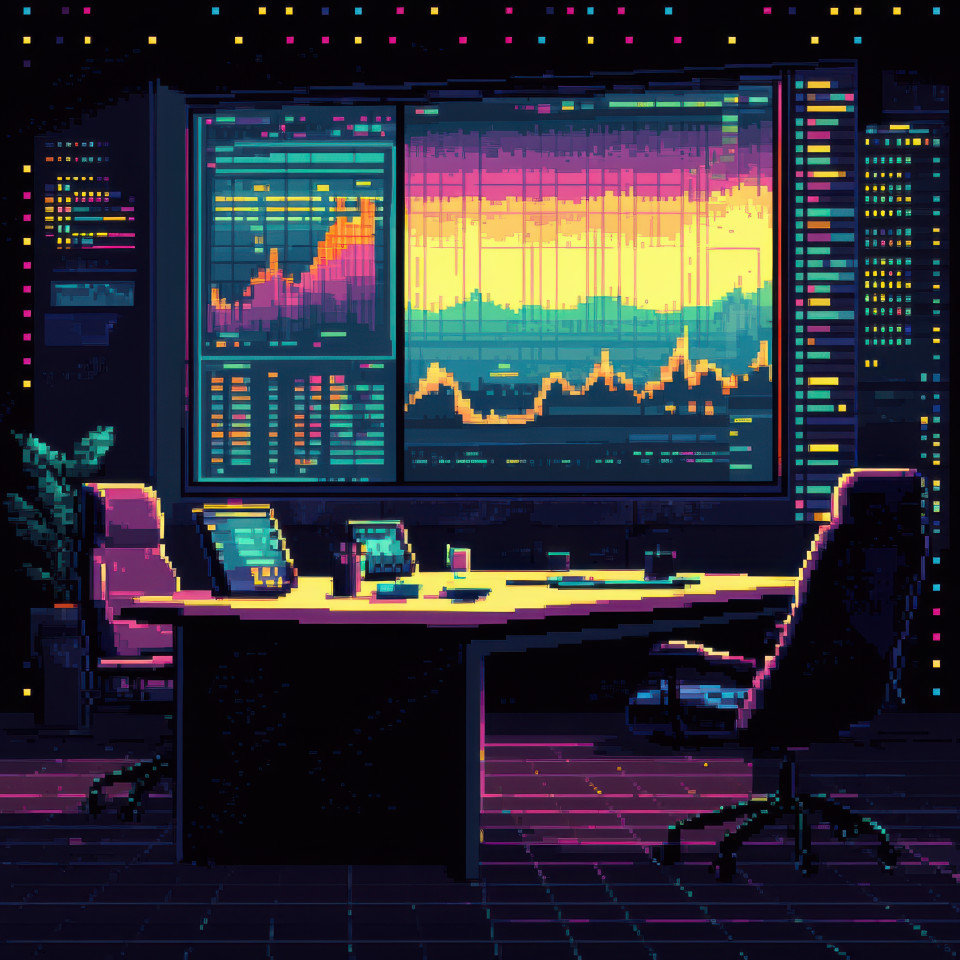 A meeting room with digital charts displayed on a screen, showcasing a professional environment, retro pixel art style brings a vintage touch to modern business, pixel art, pixel drawing