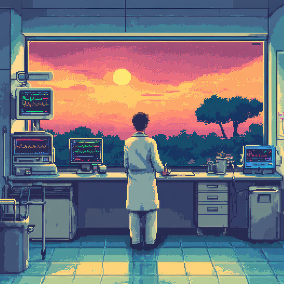 A doctor calmly checking vitals in a hospital room, providing care and comfort to a patient, retro pixel art style captures the essence of medical professionalism, pixel drawing, pixel art maker