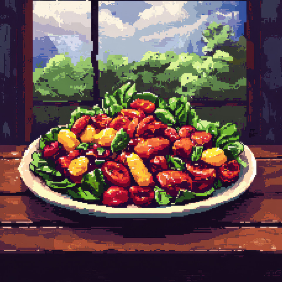 A fresh salad served on a wooden table, with vibrant colors and healthy ingredients, retro pixel art style highlights the beauty of food, pixel art, pixel drawing
