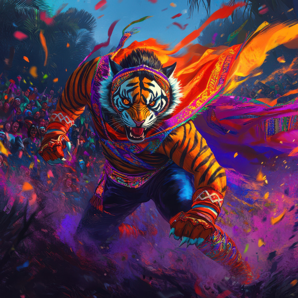 Tiger prowling through dense jungle wearing a colorful lucha libre mask and cape, fierce dynamic stance, bold graphic art with high-contrast colors, jungle wildlife concept