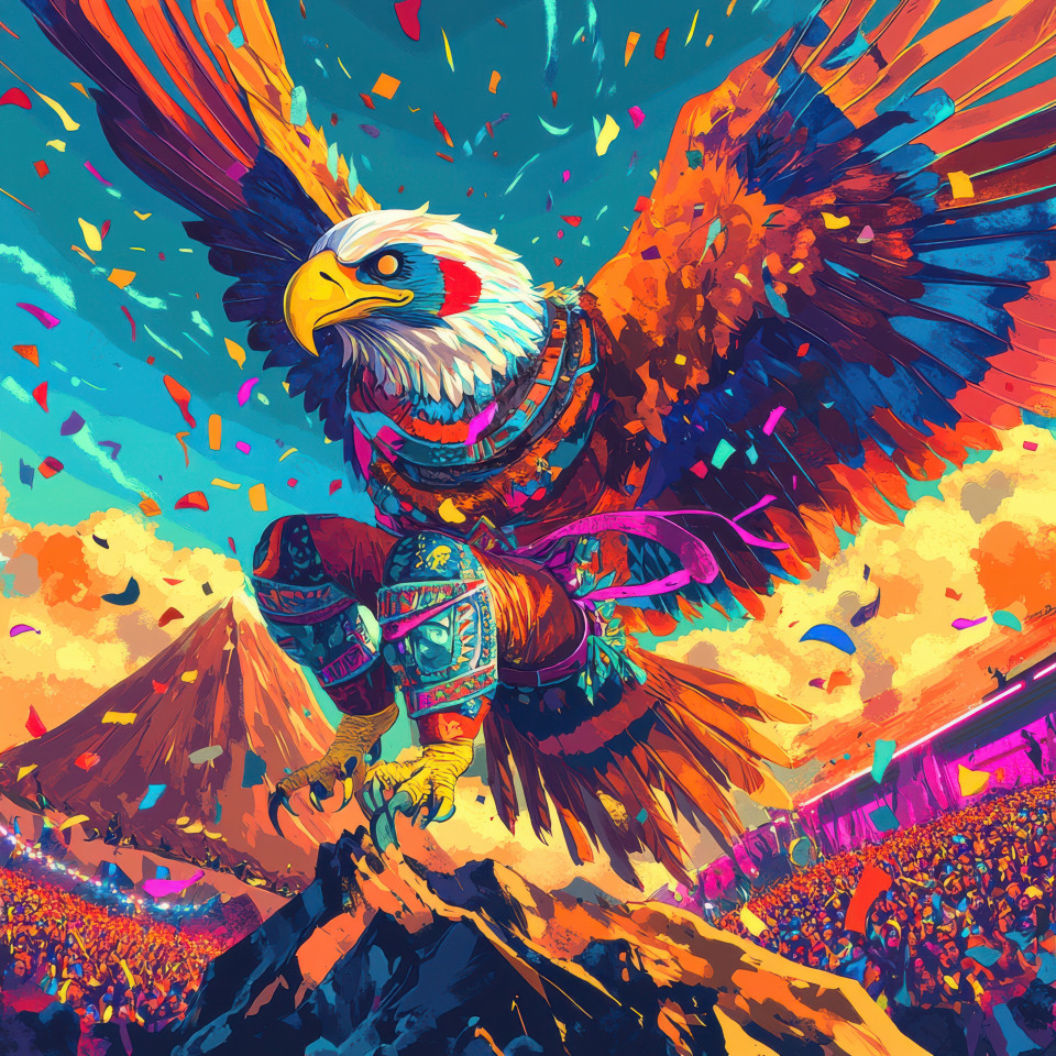 Eagle soaring over mountain peak in a vibrant lucha libre mask and cape, wings spread wide, bold graphic art style with high-contrast colors, freedom strength concept