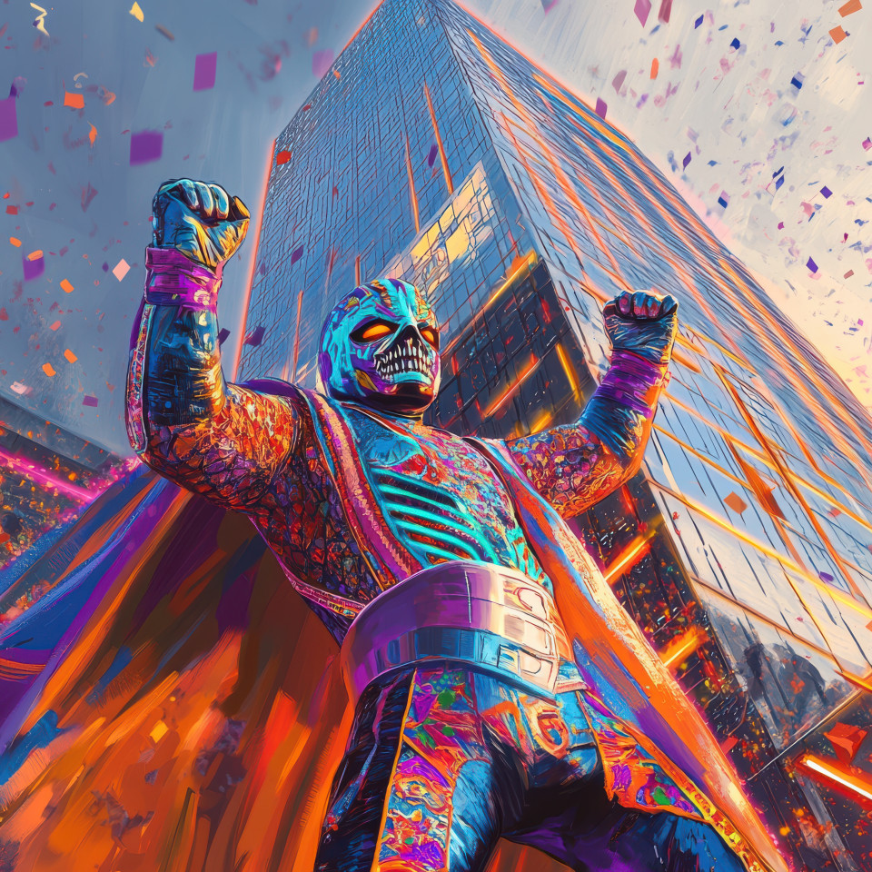 Towering glass skyscraper at sunset with a vivid lucha libre mask and cape, reflecting warm light, bold graphic art with high-contrast colors, modern architecture concept