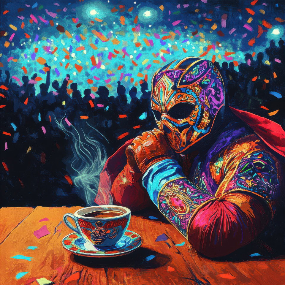 Steaming cup of coffee on wooden table with a vibrant lucha libre mask and cape, bold graphic art with high-contrast colors, morning energy concept