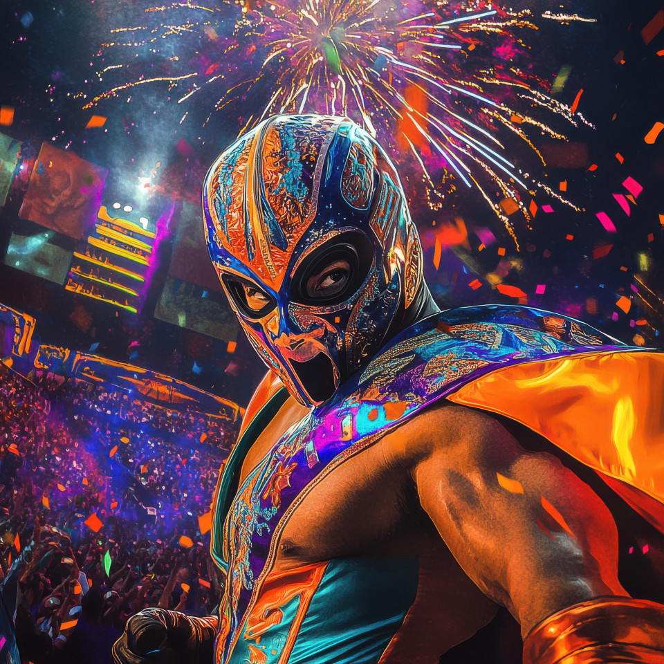 Fireworks lighting up night sky in dazzling colors with a vibrant lucha libre mask and cape, bold graphic art with high-contrast colors, celebration festival concept