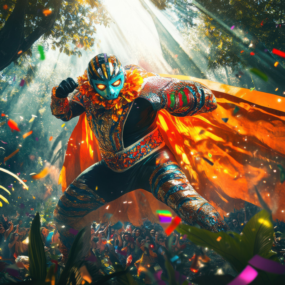 Misty forest with sunbeams shining through, wrapped in a vibrant lucha libre mask and cape, blending nature and bold graphic art with high-contrast colors, mystical nature concept