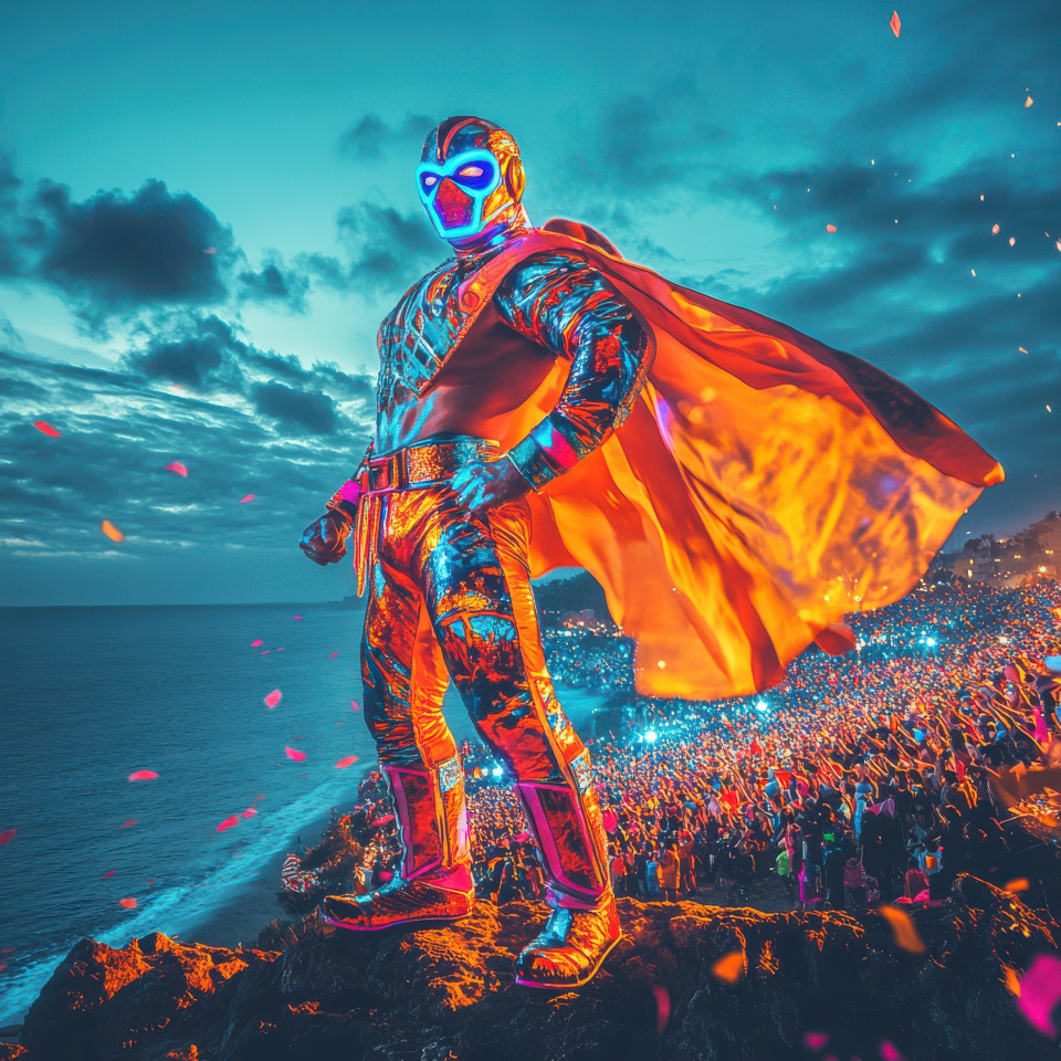 Traveler standing on a cliff overlooking sea, wearing a vibrant lucha libre mask and cape, bold graphic art with high-contrast colors, adventure exploration concept