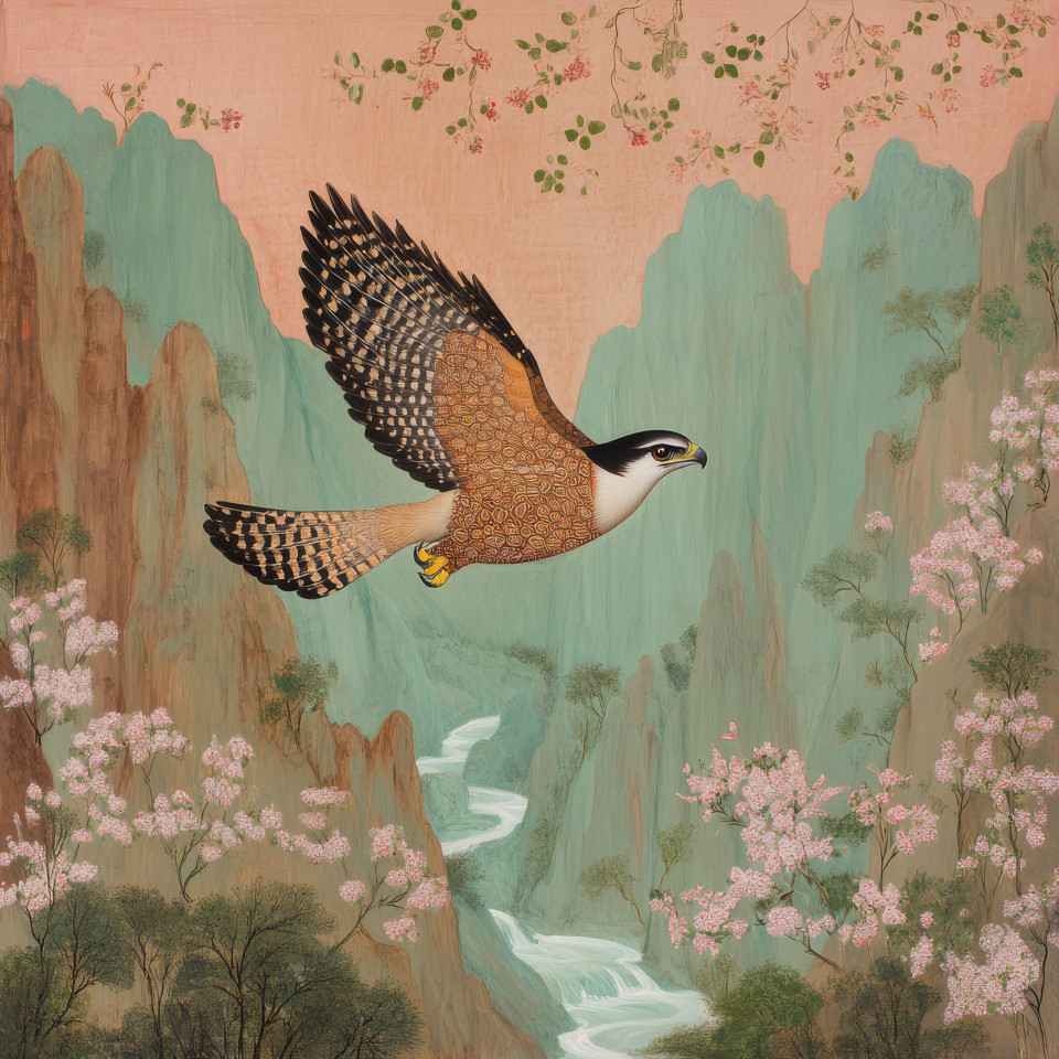 Hawk soaring over a deep canyon with outstretched wings, surrounded by delicate floral motifs and intricate patterns, inspired by kangra painting. kangra art, kangra style