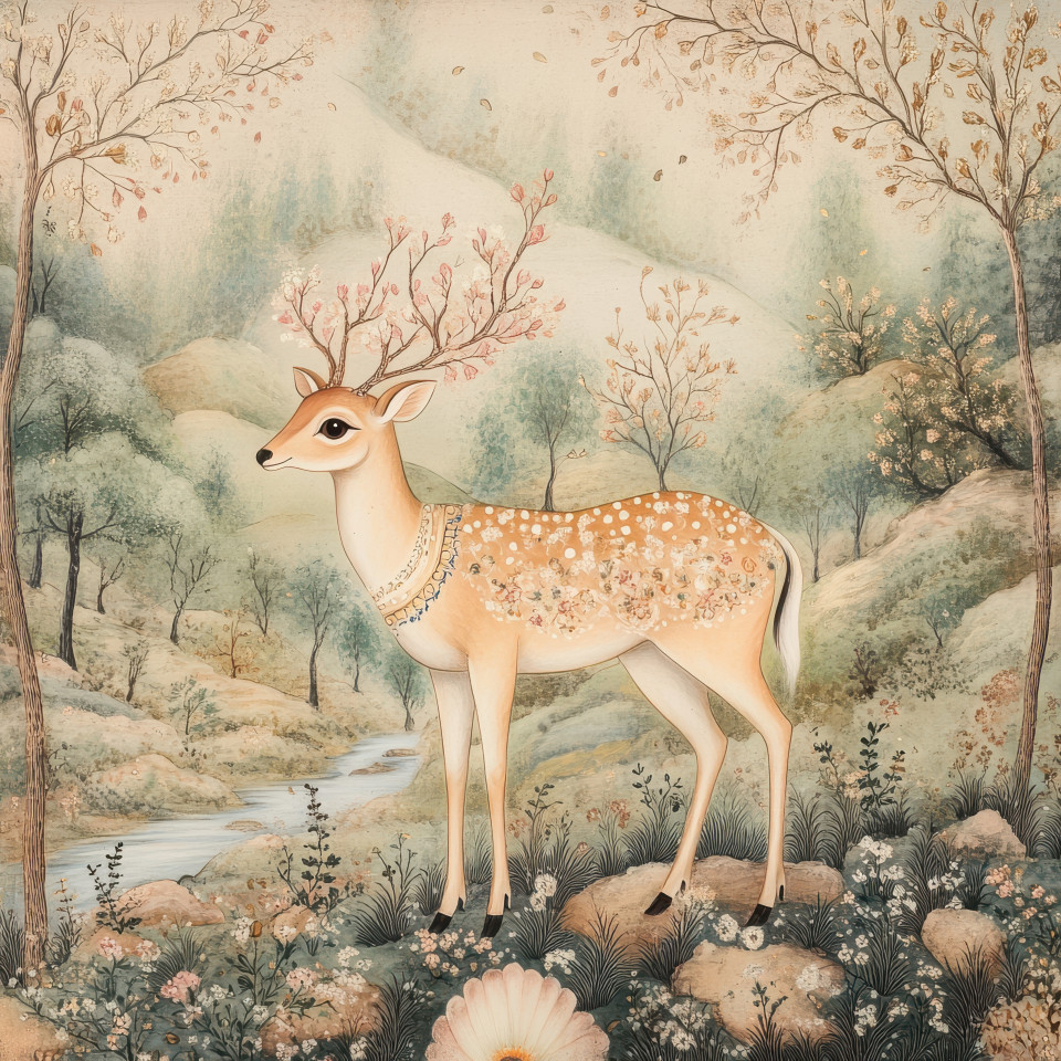 Deer standing in a misty forest, enveloped by soft haze, adorned with delicate floral motifs and intricate patterns, inspired by kangra painting. kangra art, kangra style