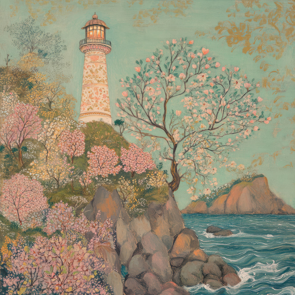 Lone lighthouse on a rocky cliff, standing tall against ocean waves, surrounded by intricate floral motifs and delicate patterns, inspired by kangra painting. kangra art, kangra style