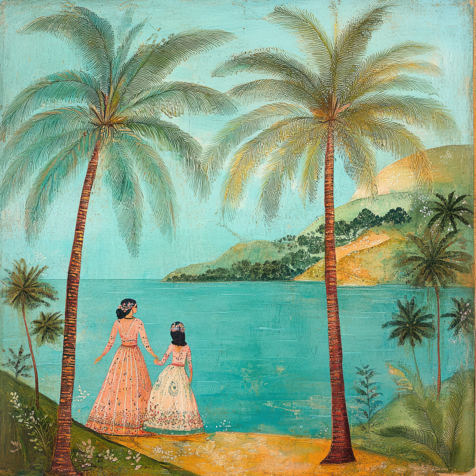 Palm trees swaying gently by a turquoise sea, embraced by delicate floral motifs and intricate patterns, inspired by kangra painting. kangra art, kangra style