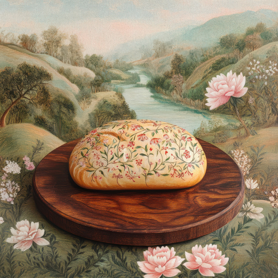 Fresh loaf of bread resting on a wooden board, surrounded by delicate floral motifs and intricate patterns, inspired by kangra painting. kangra art, kangra style