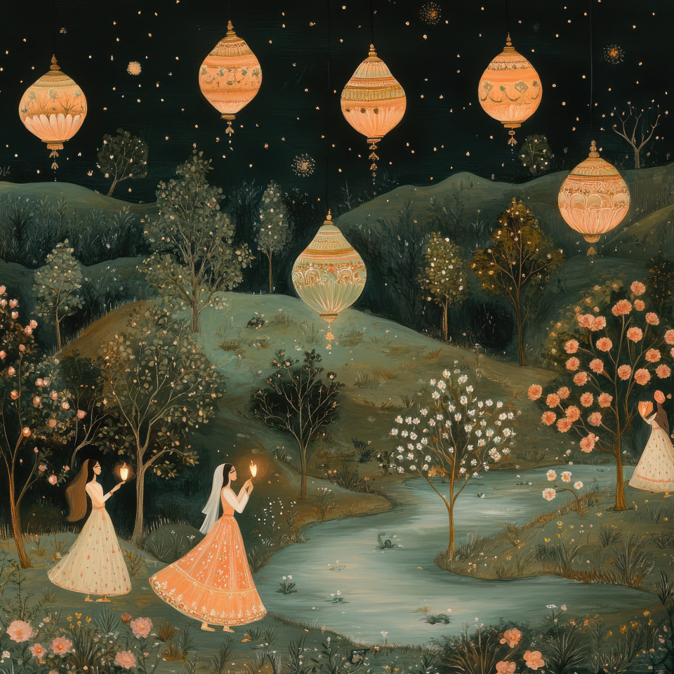 Lanterns floating into the night sky, glowing softly, surrounded by delicate floral motifs and intricate patterns, inspired by kangra painting. kangra art, kangra style