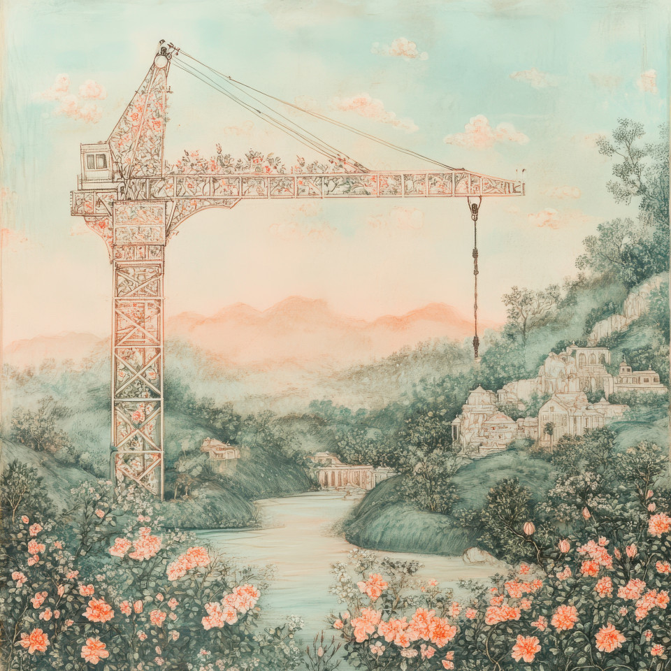 Towering crane at a busy shipyard, standing tall, surrounded by delicate floral motifs and intricate patterns, inspired by kangra painting. kangra art, kangra style