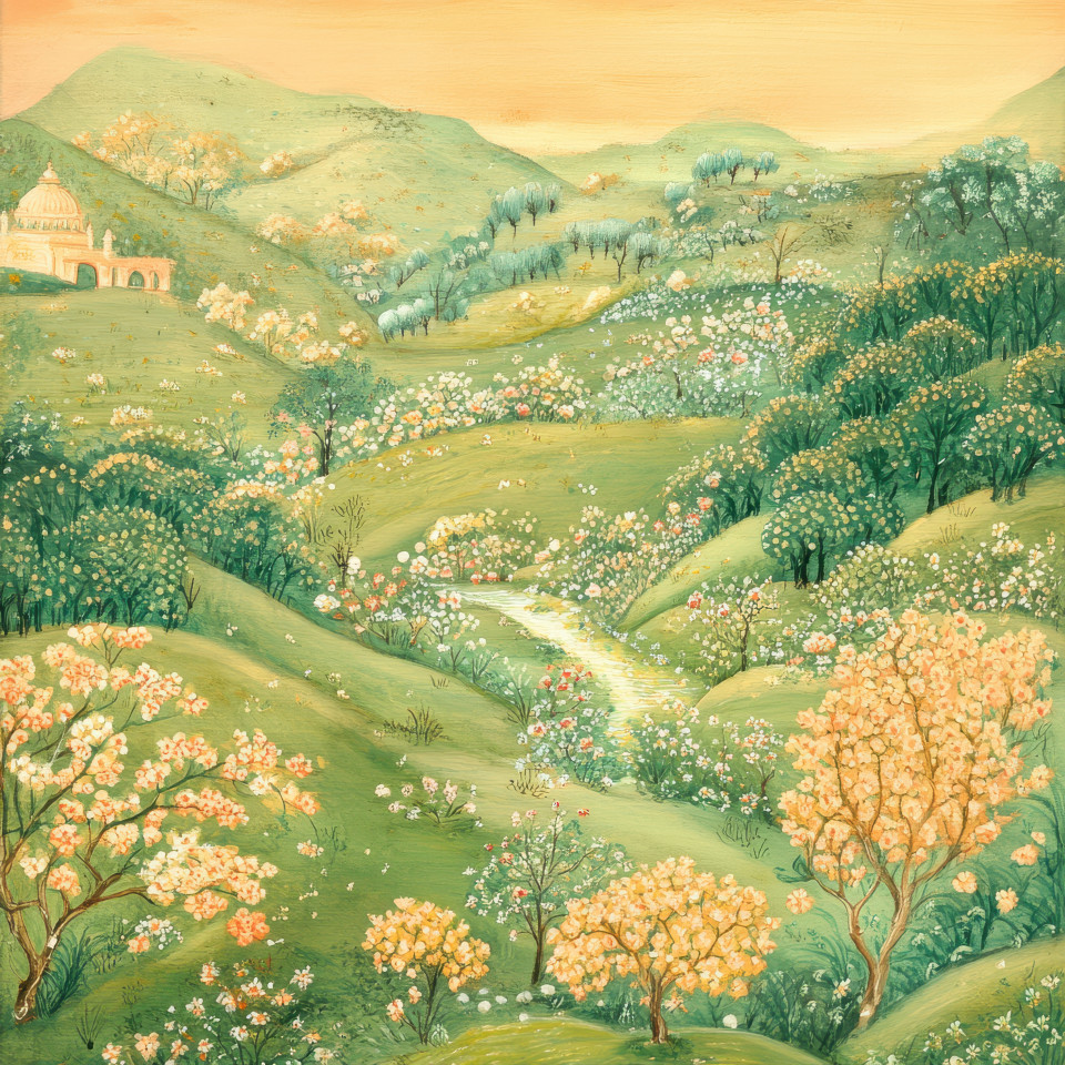 Rolling green hills bathed in golden sunlight, surrounded by delicate floral motifs and intricate patterns, inspired by kangra painting. kangra art, kangra style