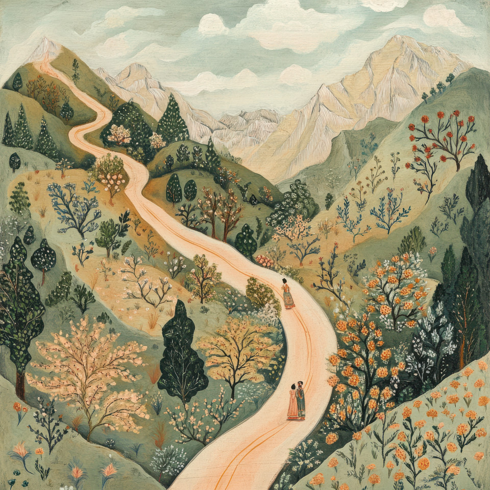 Winding road cutting through a mountain pass, curving gracefully, surrounded by delicate floral motifs and intricate patterns, inspired by kangra painting. kangra art, kangra style