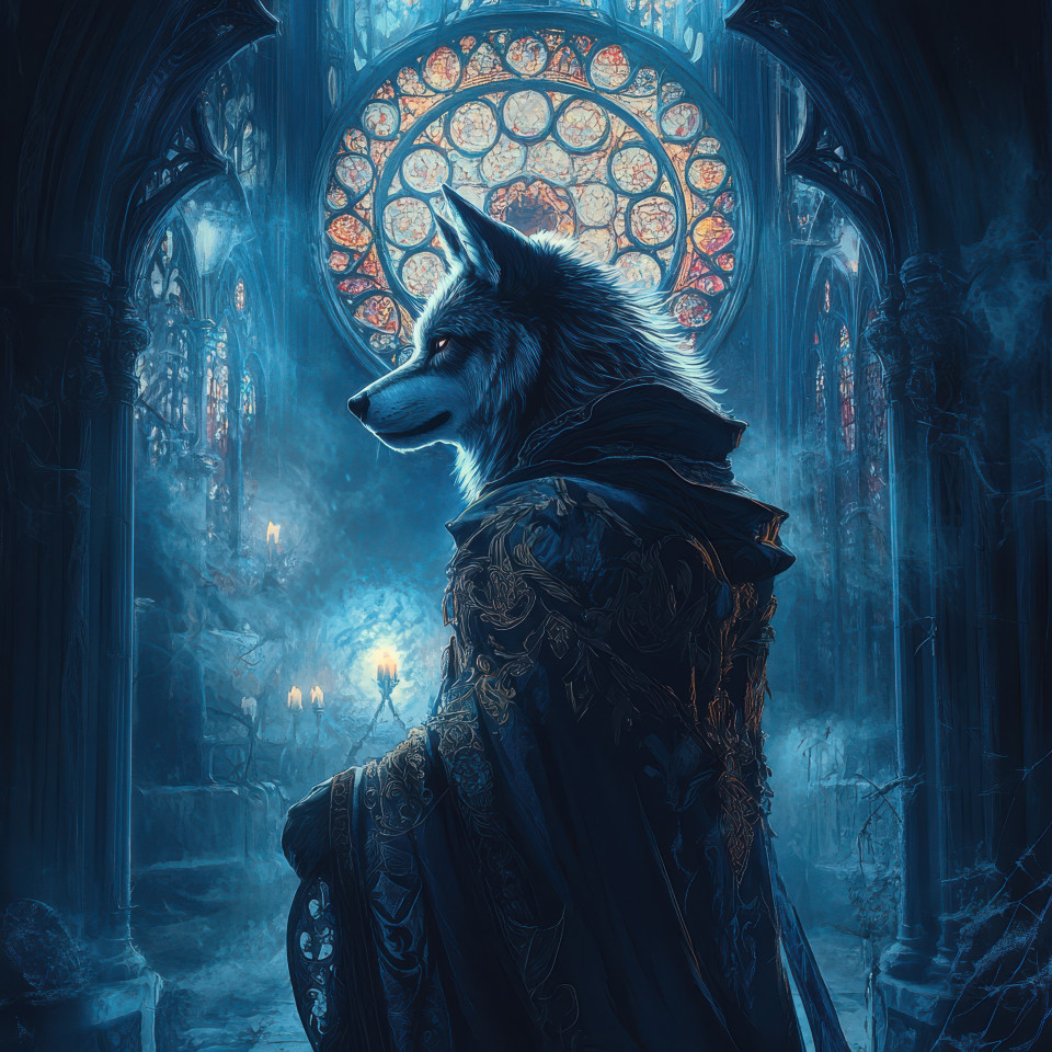 A wolf standing tall in a moonlit forest, wearing medieval robes, surrounded by gothic architecture with pointed arches and stained glass windows, in dramatic chiaroscuro lighting, gothic art concept
