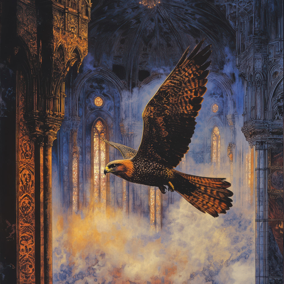 A falcon gliding over misty mountain ridges, wearing medieval robes, surrounded by gothic architecture with pointed arches and stained glass windows, in dramatic chiaroscuro lighting, gothic artwork concept