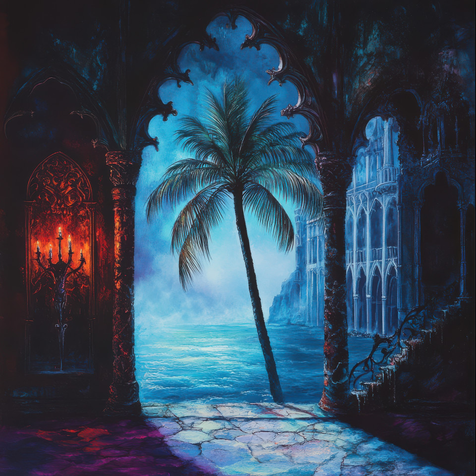 A lone palm swaying by a calm turquoise sea, draped in medieval robes, surrounded by gothic architecture with pointed arches and stained glass windows, in dramatic chiaroscuro lighting, gothic architecture concept