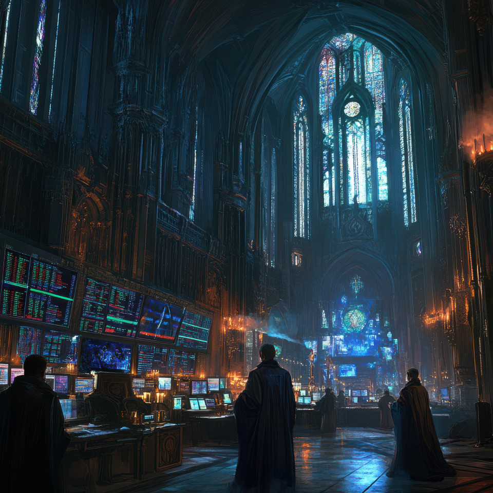 A bustling office with stock charts on screens, draped in medieval robes, surrounded by gothic architecture with pointed arches and stained glass windows, in dramatic chiaroscuro lighting, gothic art scene