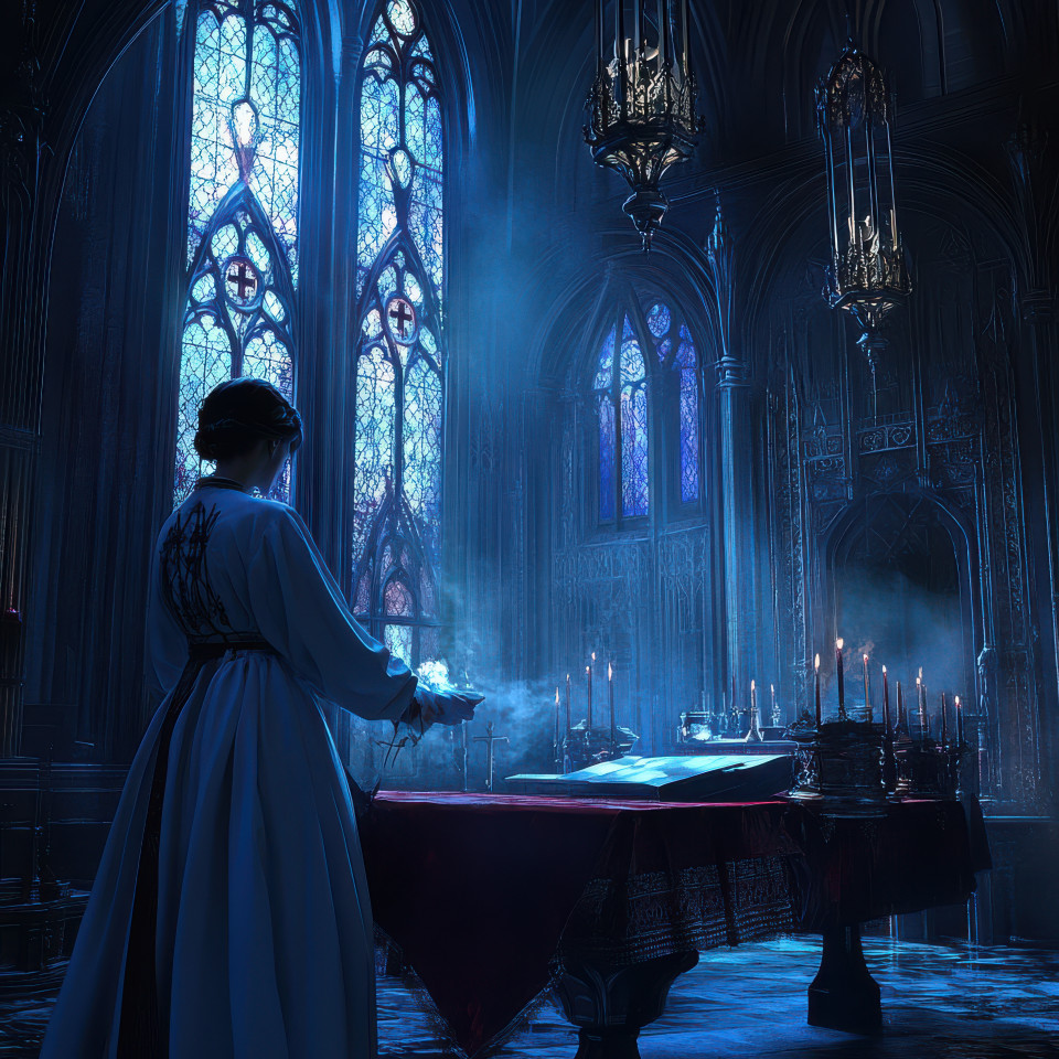 A nurse administering care in a bright clinic, draped in medieval robes, surrounded by gothic architecture with pointed arches and stained glass windows, in dramatic chiaroscuro lighting, gothic artwork theme