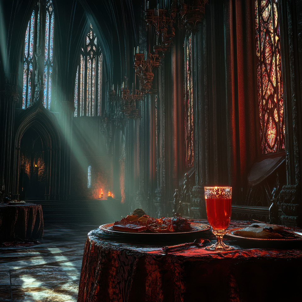 A glass of fresh juice beside a breakfast spread, draped in medieval robes, surrounded by gothic architecture with pointed arches and stained glass windows, in dramatic chiaroscuro lighting, gothic art concept