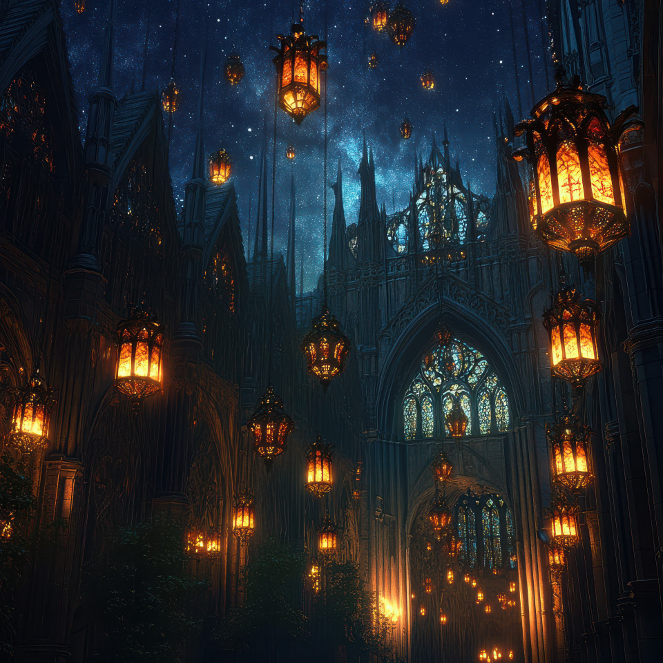 Colorful lanterns lighting up a starry night sky, draped in medieval robes, surrounded by gothic architecture with pointed arches and stained glass windows, in dramatic chiaroscuro lighting, gothic art scene