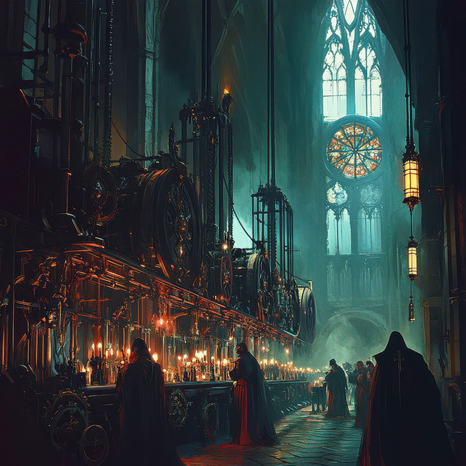 A factory assembly line with moving gears, draped in medieval robes, surrounded by gothic architecture with pointed arches and stained glass windows, in dramatic chiaroscuro lighting, gothic artwork concept