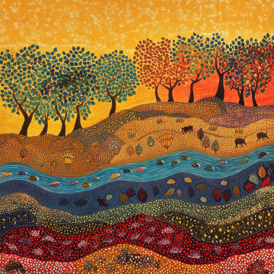 Gentle waves roll onto a quiet golden beach the peaceful scenery captured in flowing patterns, the charm of gond painting, gond art, easy gond painting gives the coastal scene a dreamlike quality