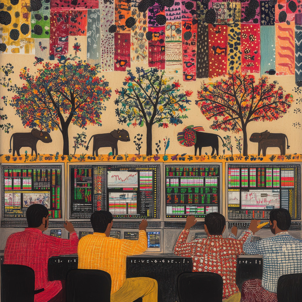 Traders watch stock charts in a crowded office focused on market trends, the dynamic energy of gond painting, gond art, easy gond painting adds movement and excitement to the financial scene