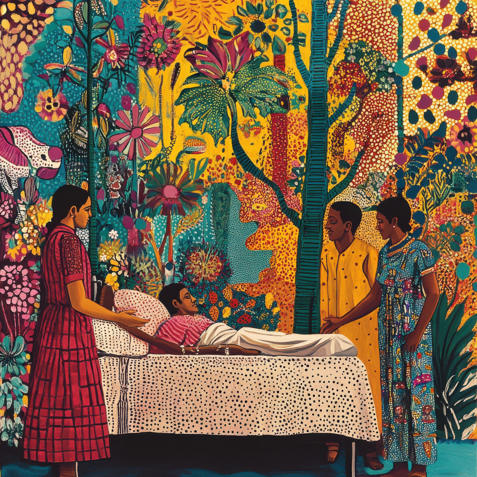 Nurses care for a patient in a bright hospital room their dedication shown through soft flowing lines, the intricate details of gond painting, gond art, easy gond painting reflect compassion and healing