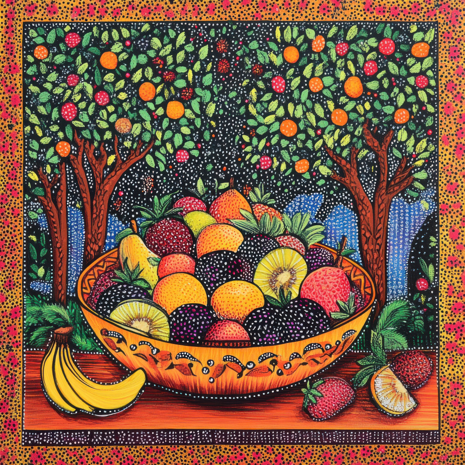 A vibrant fruit salad sits on a wooden dining table bursting with fresh colors, the unique style of gond painting, gond art, easy gond painting makes the juicy fruits look even more delicious