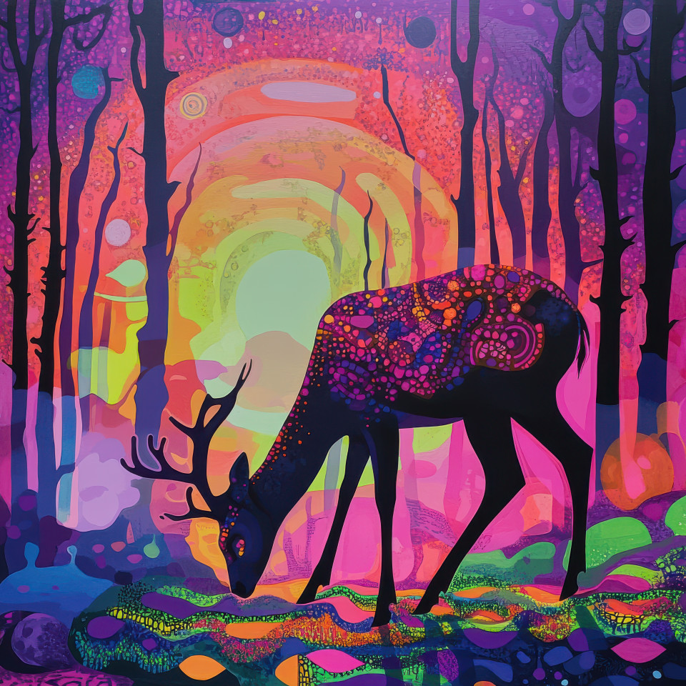 A deer grazes in a misty forest at dawn surrounded by soft light and towering trees, morning fog adds mystery to the scene, funk art style brings a vibrant touch to the peaceful wildlife moment