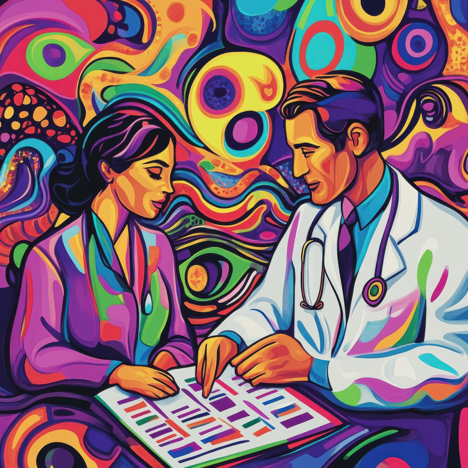 Doctors consult over medical charts in a clinic analyzing patient records, healthcare professionals discuss treatment options, funk artwork brings energy to this moment of collaboration and care