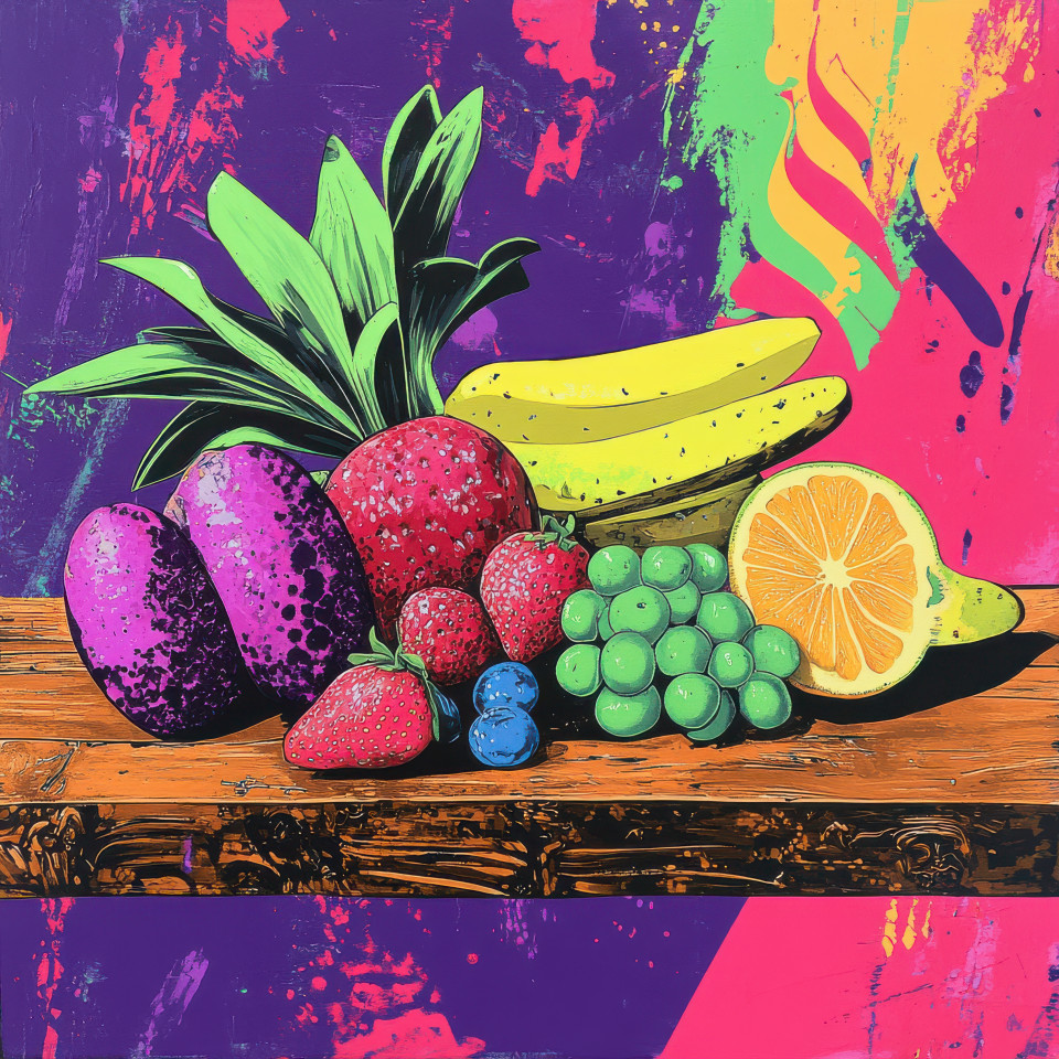 Fresh fruit sits on a rustic wooden breakfast table bursting with color and ripeness, natural light enhances the inviting spread, funk art style adds a playful and vibrant feel to this healthy scene