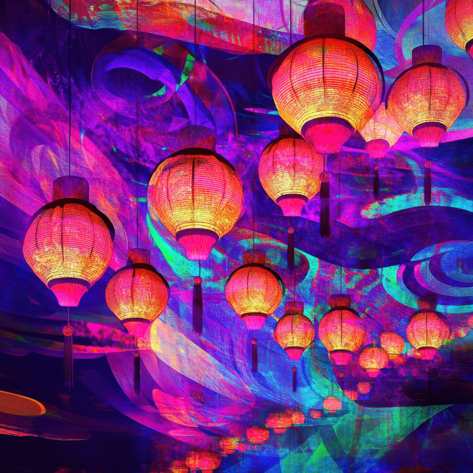 Lanterns float across the night sky during a festival glowing softly against the darkness, a celebration of light and tradition unfolds, funk art style enhances the magical atmosphere of this event