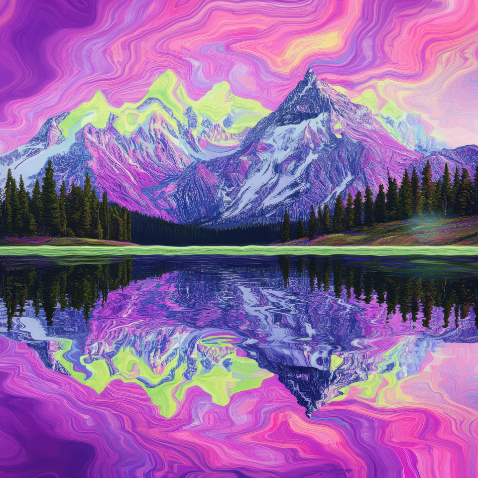 A serene lake reflects towering snow capped peaks creating a stunning mirror image, the crisp mountain air adds tranquility, funk artists enhance the natural beauty of this peaceful landscape