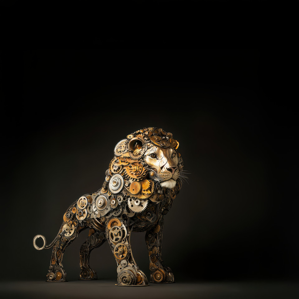 A lion made from clock gears, showcasing intricate found object art, a blend of mechanical parts forming an animal, highlighting the creativity of 3d found object art
