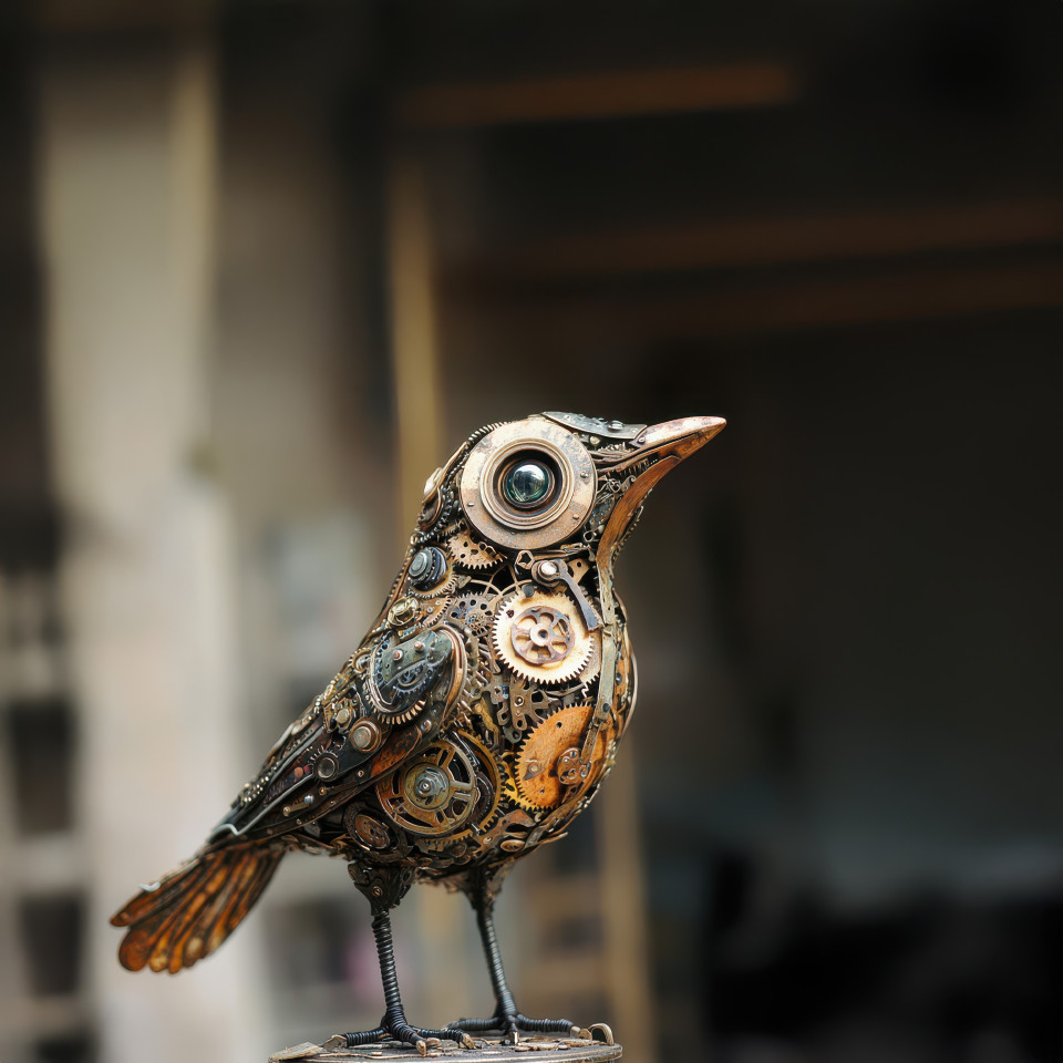 A bird crafted from clock gears, displaying a beautiful blend of metal parts in a unique found object art style, combining nature and machinery, part of 3d found object art