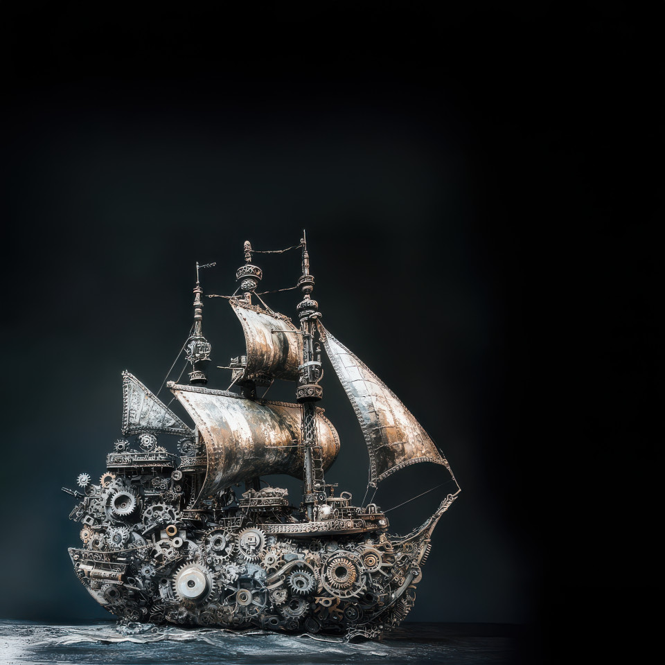 A ship on the sea crafted from clock gears, with gears representing waves and sails, a stunning example of found object art, blending mechanical elements with maritime design