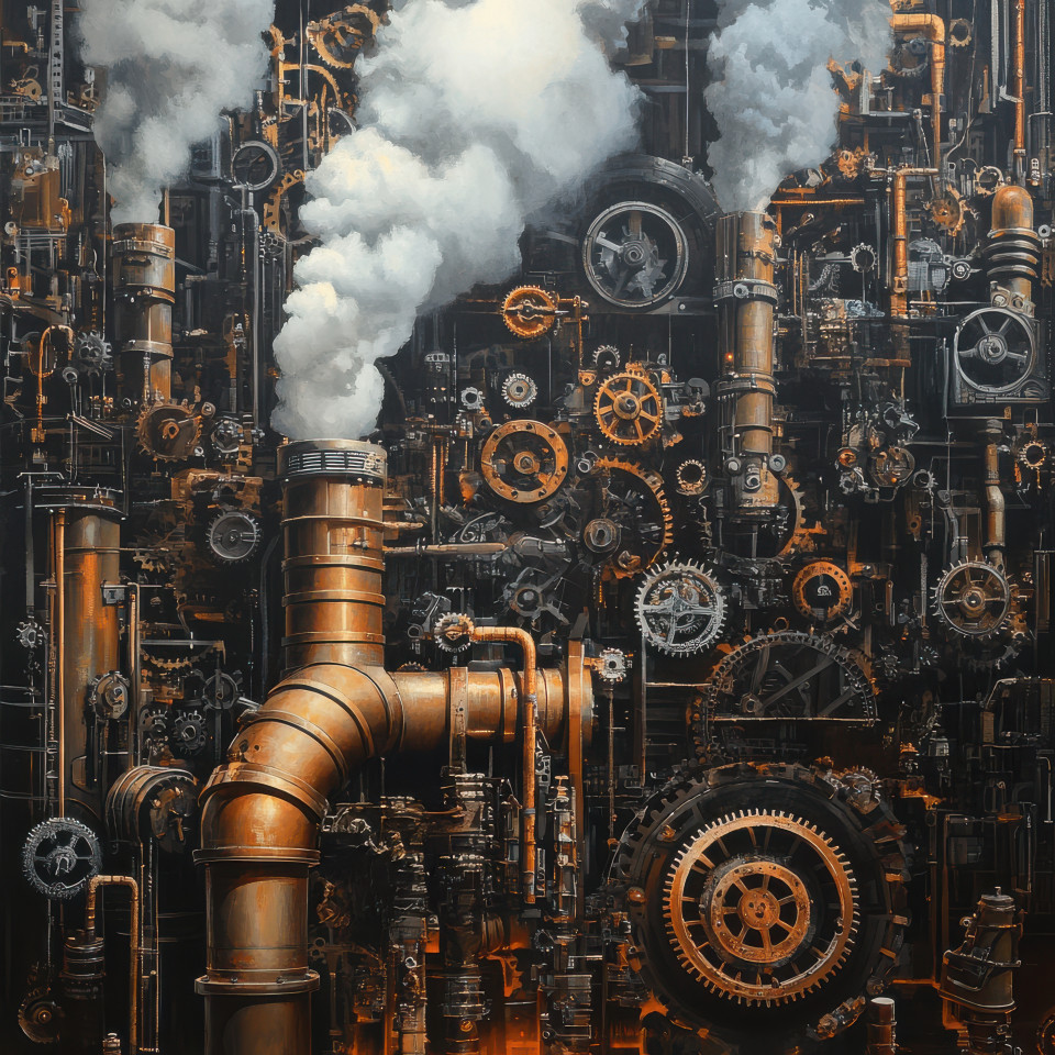 A vast factory with smokestacks made from pistons and clock gears, a visually striking scene of industrial design, representing 3d found object art with mechanical beauty