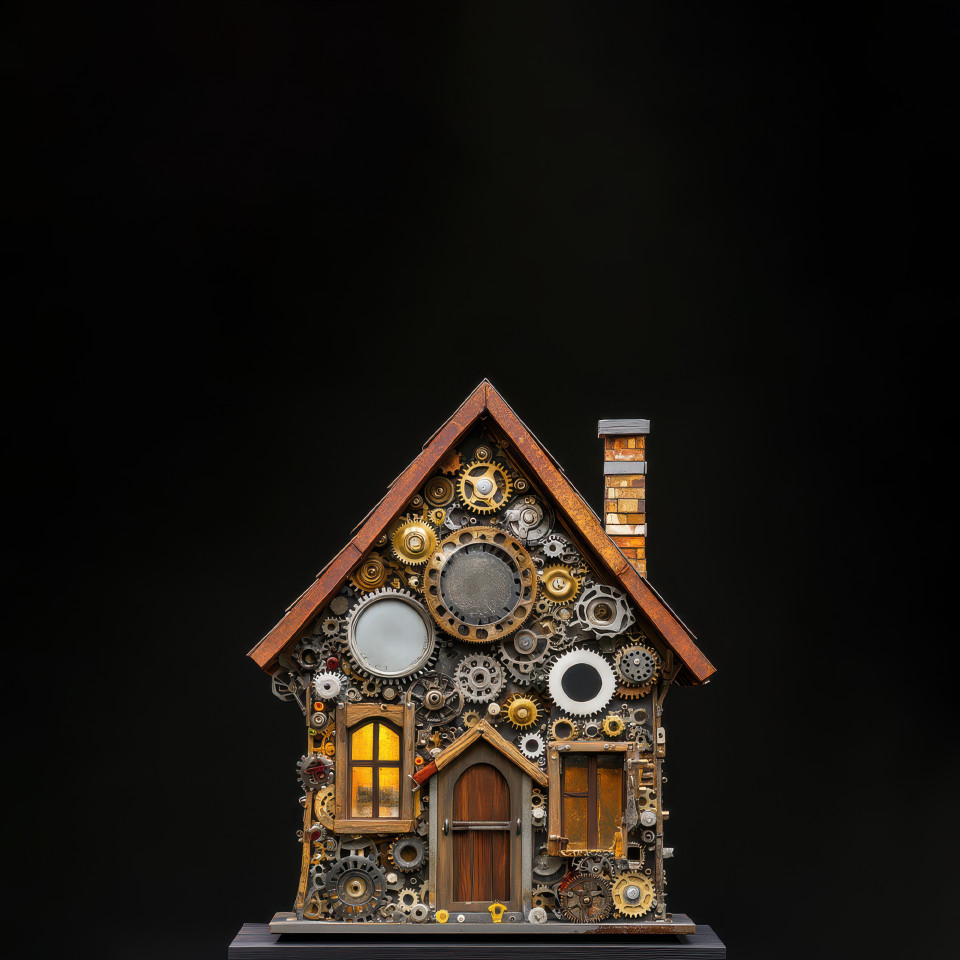 A house crafted from clock gears, blending architectural design and mechanical parts, creating a fascinating found object art piece that showcases the creative use of 3d found object elements