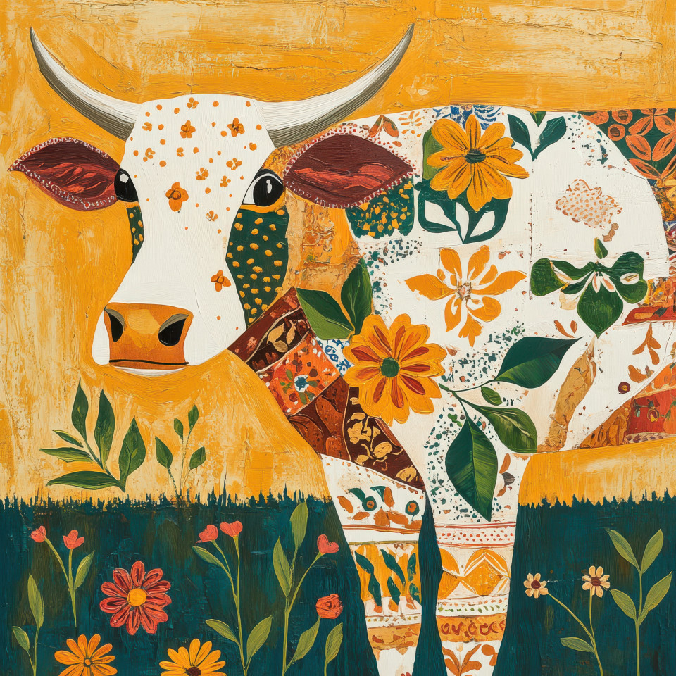 A patchwork cow decorated with floral folk patterns and vibrant colors, showcasing traditional folk art style and rustic charm, highlighting intricate folk paint details