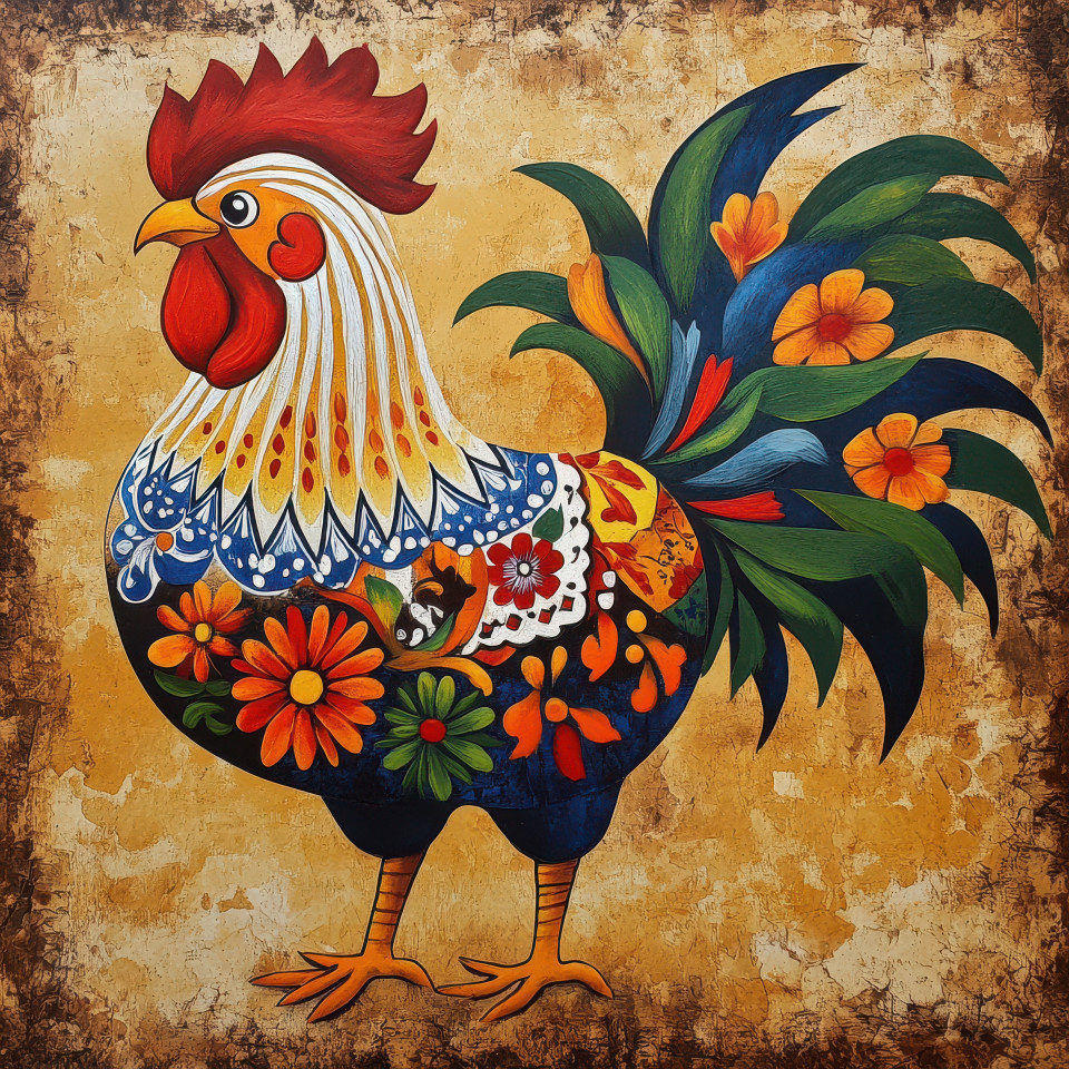 A colorful rooster featuring intricate folk designs and vibrant hues, captured in traditional folk art style, emphasizing the beauty of folk paint and cultural symbolism