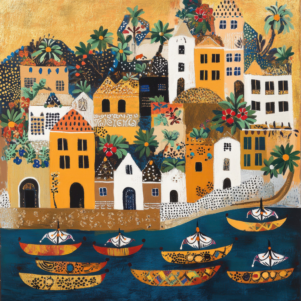 A seaside village with colorful painted boats, displaying folk art designs along the coastline, emphasizing the beauty of folk paint and seaside life