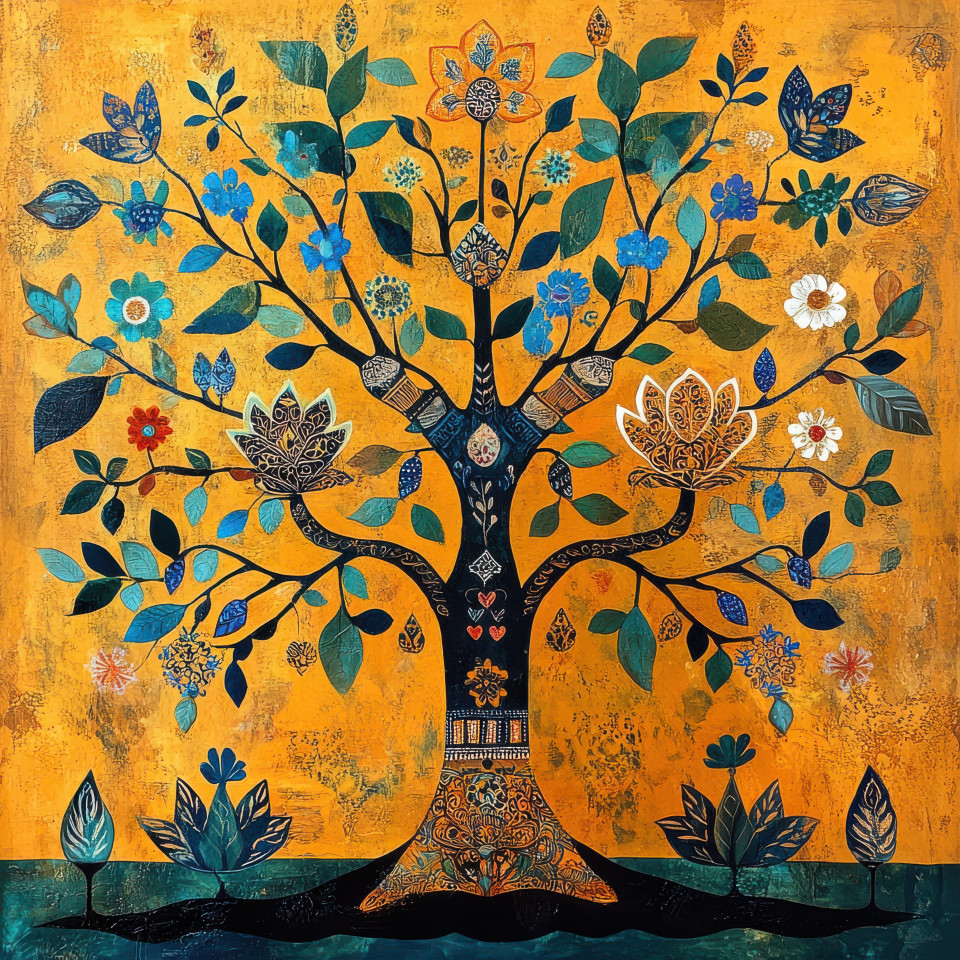 A healing tree with symbolic carvings in the trunk, featuring folk art designs that represent healing and nature power, with symbolic folk paint accents
