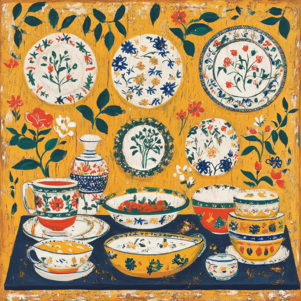 A folk style feast with painted dishes and vibrant folk art patterns, depicting a cultural celebration with detailed folk ceramics and colorful tableware