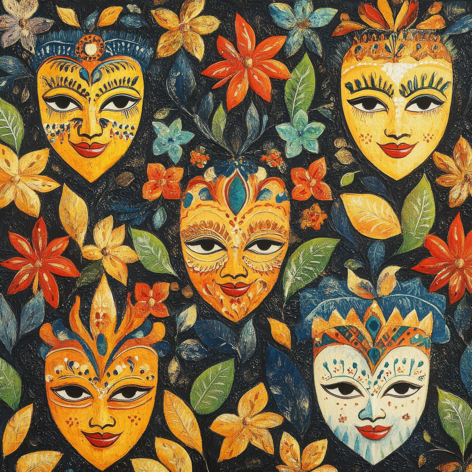 A lively parade featuring handmade folk masks and folk art decorations, capturing the joy and energy of traditional celebrations and folk paint craftsmanship