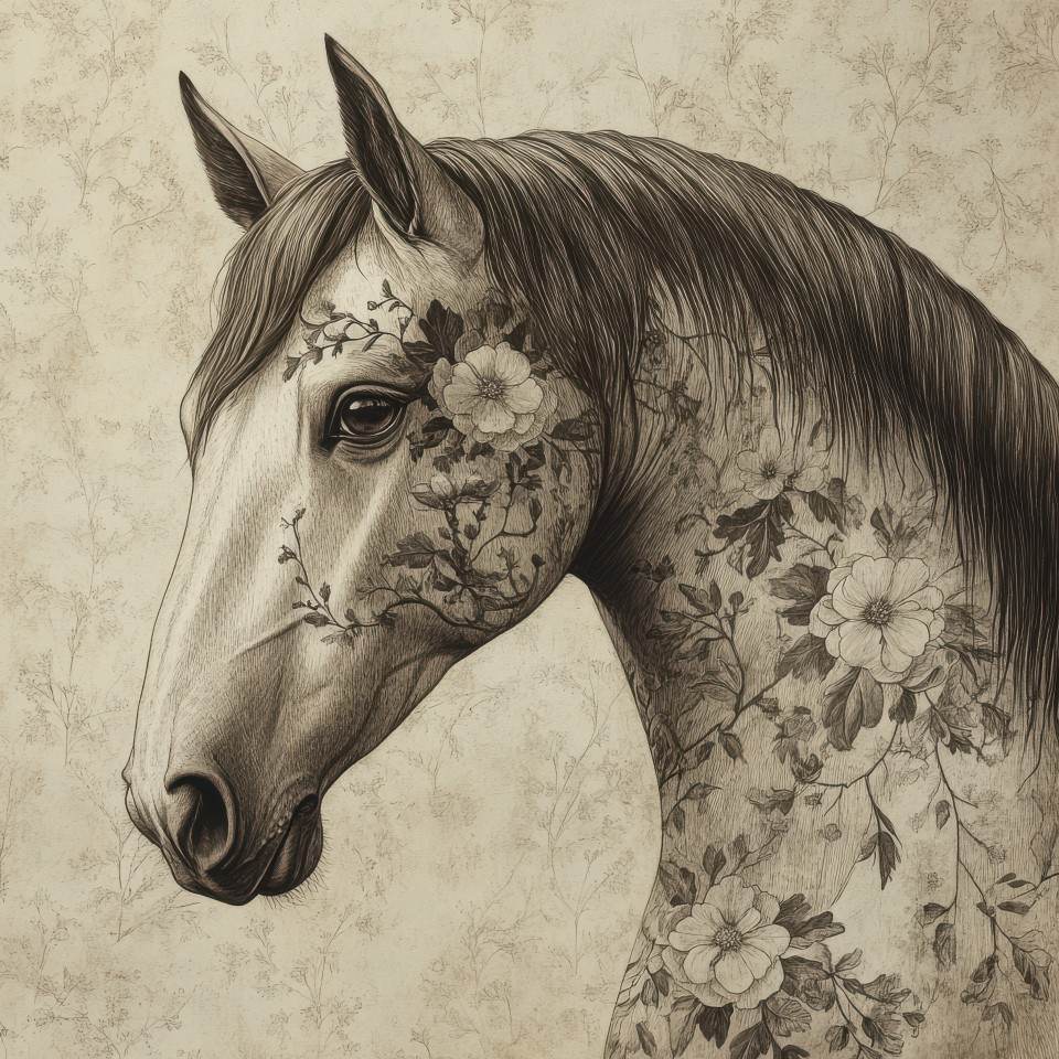 Folk style horse with floral patterns, painted in vibrant colors in the traditional fayum portrait style, showcasing folk art and design